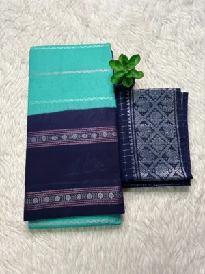 Madurai sungudi cotton Silver zari veludhari retta petta border saree - Sea blue with blue1