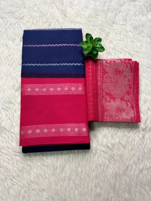 Madurai sungudi cotton Silver zari veludhari retta petta border saree - Blue with pink1