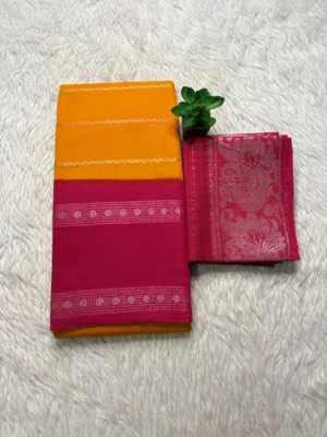 Madurai sungudi cotton Silver zari veludhari retta petta border saree - yellow with pink