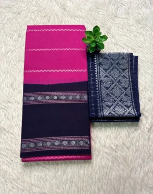 Madurai sungudi cotton Silver zari veludhari retta petta border saree - Pink with blue1