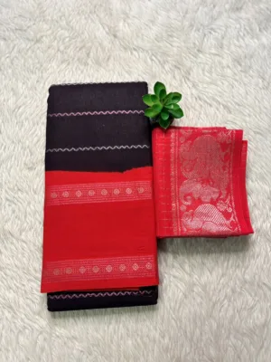 Madurai sungudi cotton Silver zari veludhari retta petta border saree - Black with Orange1