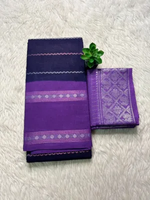 Madurai sungudi cotton Silver zari veludhari retta petta border saree - Blue with Lavender1