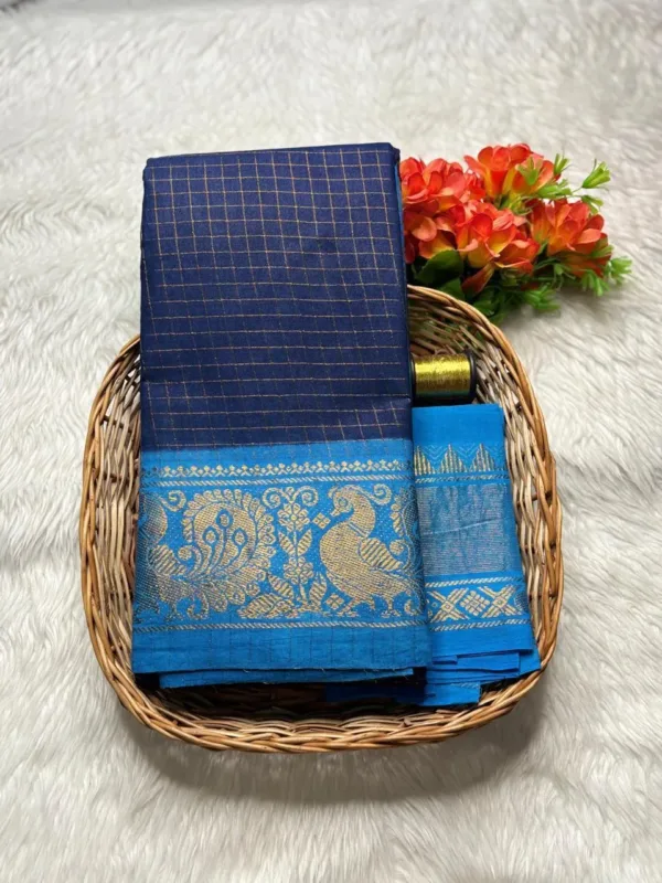 Madurai sungudi cotton Zari Check Contrast - Navy Blue with Blue - zari check contrast1