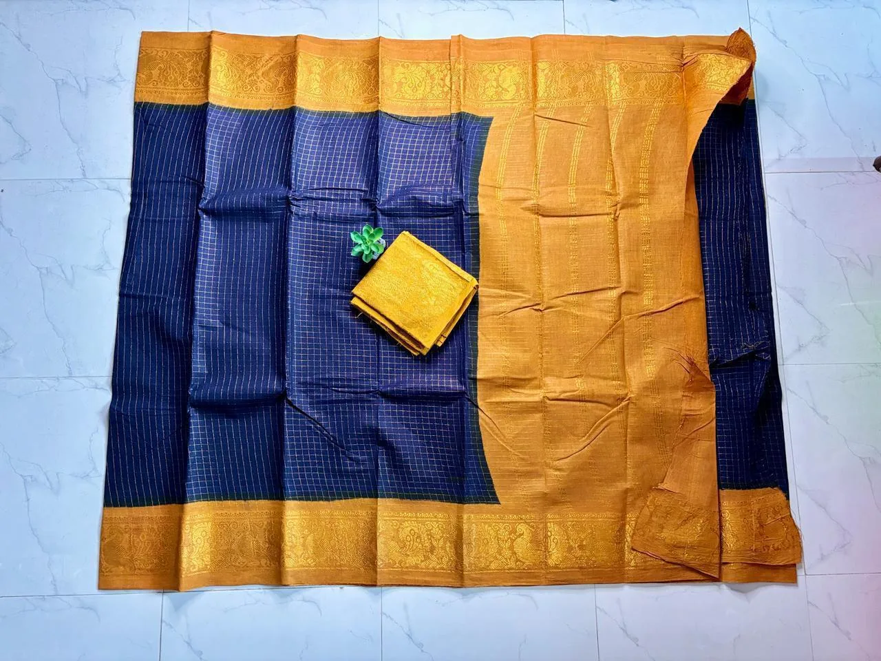 Madurai sungudi cotton Zari Check Contrast - Blue with Mustard yellow - zari check contrast