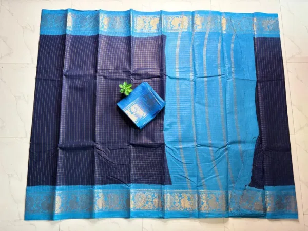 Madurai sungudi cotton Zari Check Contrast - Navy Blue with Blue - zari check contrast