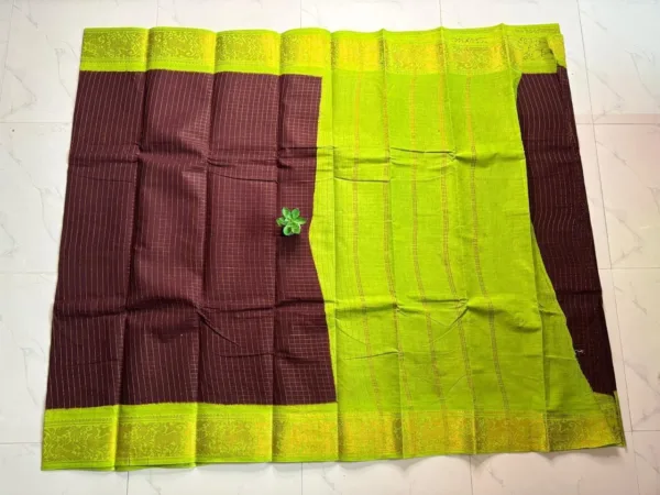Madurai sungudi cotton Zari Check Contrast - Brown with Noorjagan green - zari check contrast