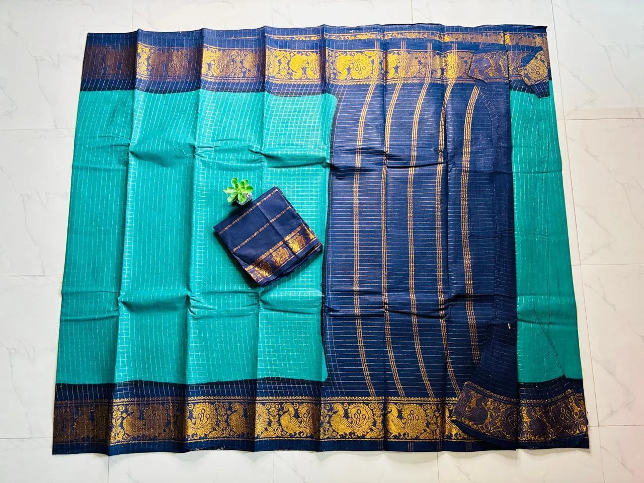 Madurai sungudi cotton Zari Check Contrast - Silver green with blue - zari check contrast