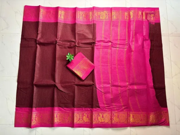 Madurai sungudi cotton Zari Check Contrast - maroon with pink-zari check contrast