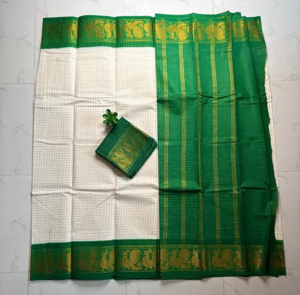 Madurai sungudi cotton Zari Check Contrast - White with green - zari check contrast