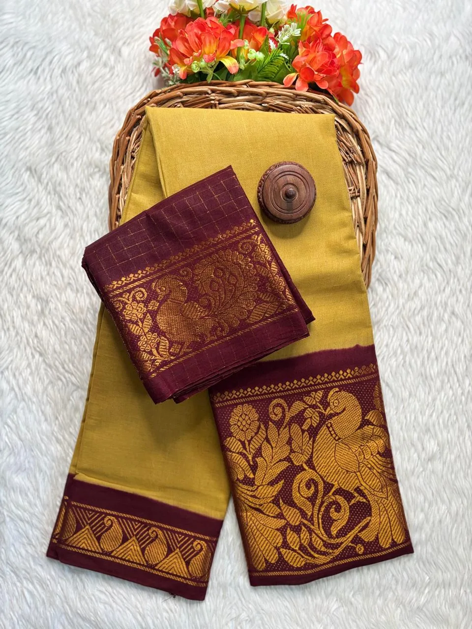 Madurai sungudi cotton mayuri - Mustard yellow with Maroon-sungudi mayuri
