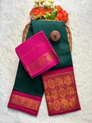 Madurai sungudi cotton mayuri - Bottle green with Pink-sungudi mayuri