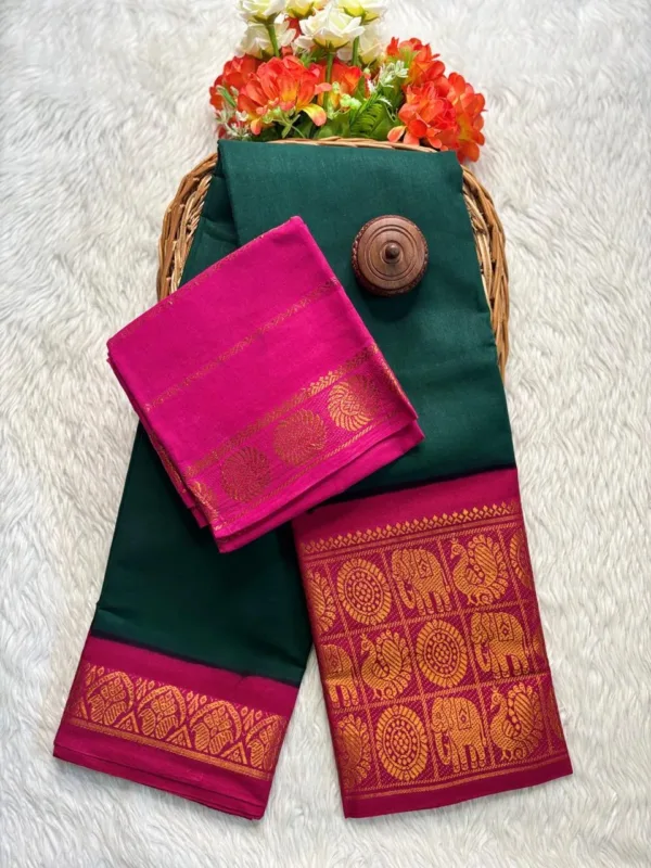 Madurai sungudi cotton mayuri - Bottle green with Pink-sungudi mayuri
