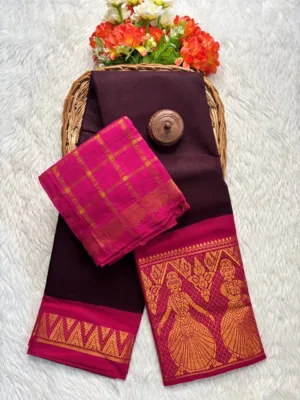Madurai sungudi cotton mayuri - Dark brown with Pink-sungudi mayuri