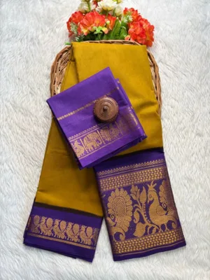 Madurai sungudi cotton mayuri - Mustard yellow with Lavender-sungudi mayuri