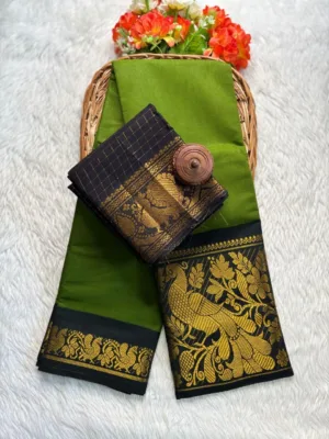 Madurai sungudi cotton mayuri - Mehandi green with black-sungudi mayuri