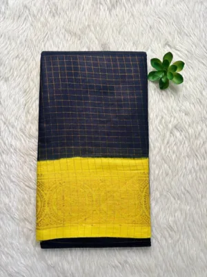 Madurai sungudi cotton Zari Check Contrast - Black with Lemon yellow - zari check contrast1