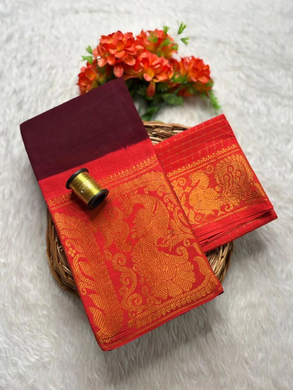 Madurai sungudi cotton mayuri - Maroon with Orange-sungudi mayuri