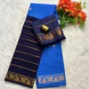 Madurai sungudi cotton Veludhari 2 colour - Sky blue with Navy blue