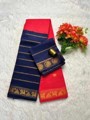 Madurai sungudi cotton Veludhari 2 colour - Orange with blue
