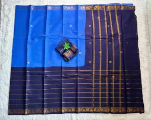Madurai sungudi cotton Veludhari 2 colour - Sky blue with Navy blue1