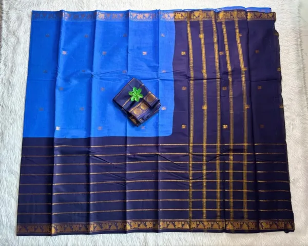 Madurai sungudi cotton Veludhari 2 colour - Sky blue with Navy blue1