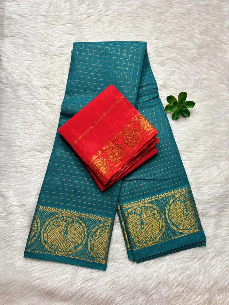Madurai Sungudi Cotton Self Zari Checked - Sea blue - Self Zari Gold