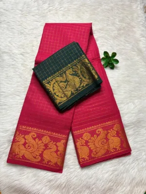 Madurai Sungudi Cotton Self Zari Checked - Tomato pink - Self Zari Gold