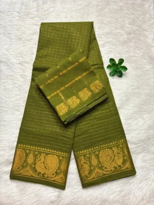 Madurai Sungudi Cotton Self Zari Checked - Mehandi green - Self Zari Gold
