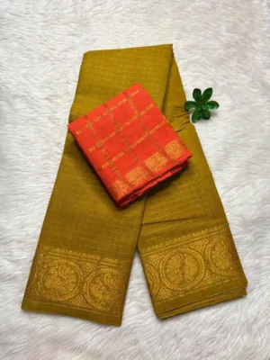 Madurai Sungudi Cotton Self Zari Checked - Mustard yellow - Self Zari Gold