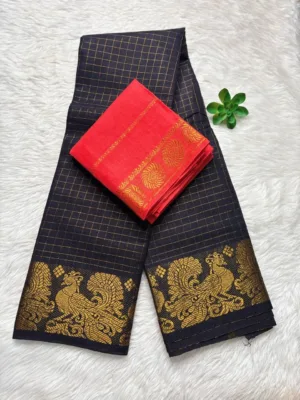 Madurai Sungudi Cotton Self Zari Checked - Black(Red blouse) - Self Zari Gold