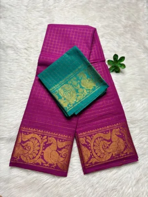 Madurai Sungudi Cotton Self Zari Checked - Mejanta pink - Self Zari Gold