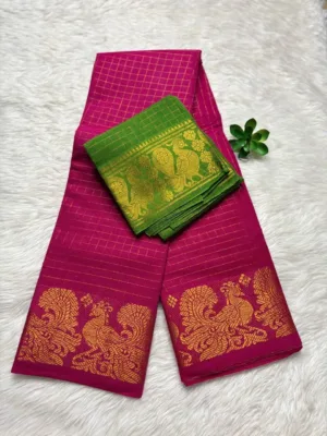 Madurai Sungudi Cotton Self Zari Checked - Rani pink - Self Zari Gold