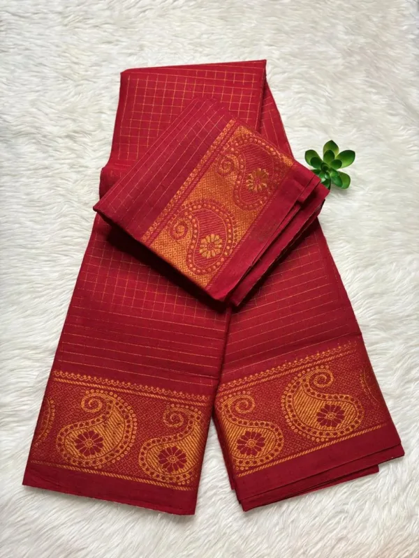 Madurai Sungudi Cotton Self Zari Checked - Red - Self Zari Gold