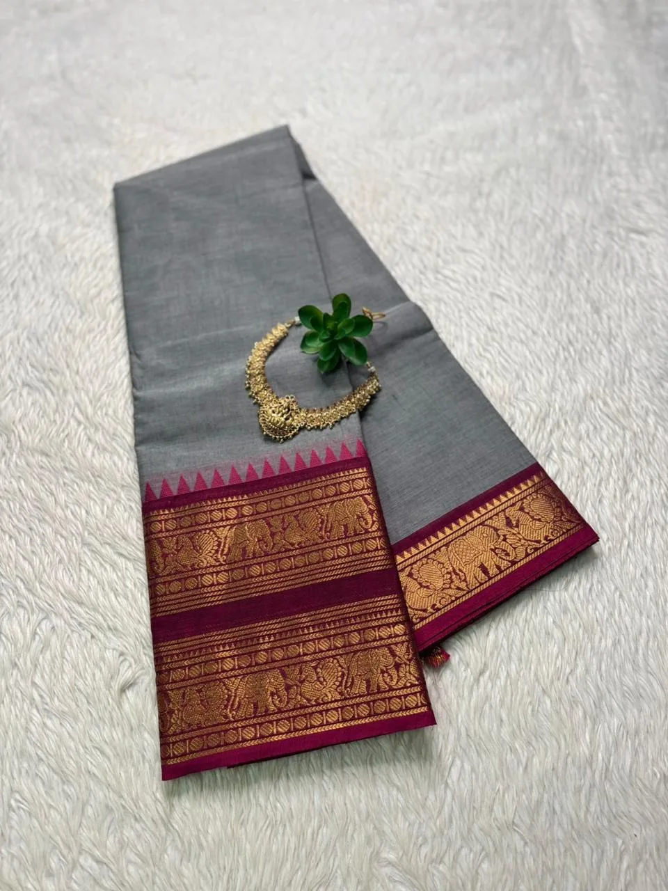 kanchi cotton saree with Running Blouse- Kanchi cotton- Ash