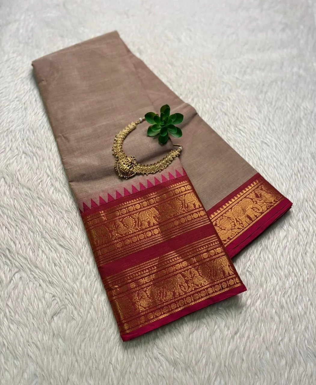 kanchi cotton saree with Running Blouse- Kanchi cotton- Biscuit