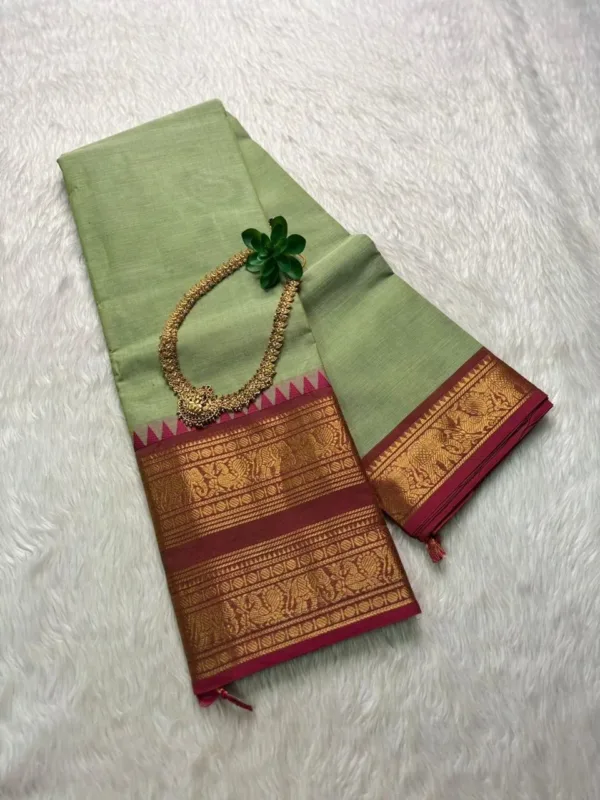 kanchi cotton saree with Running Blouse- Kanchi cotton- Olive green