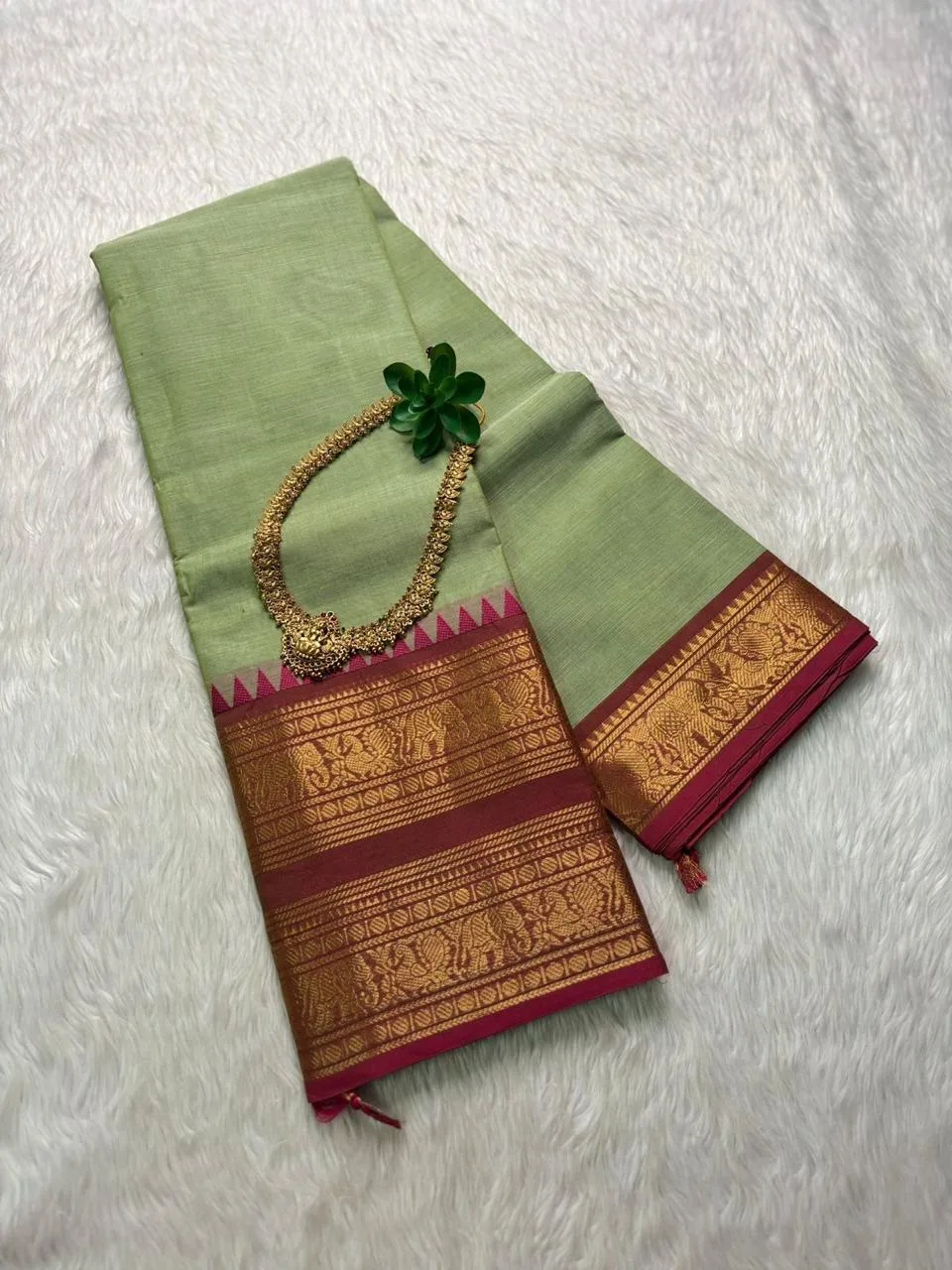 kanchi cotton saree with Running Blouse- Kanchi cotton- Olive green