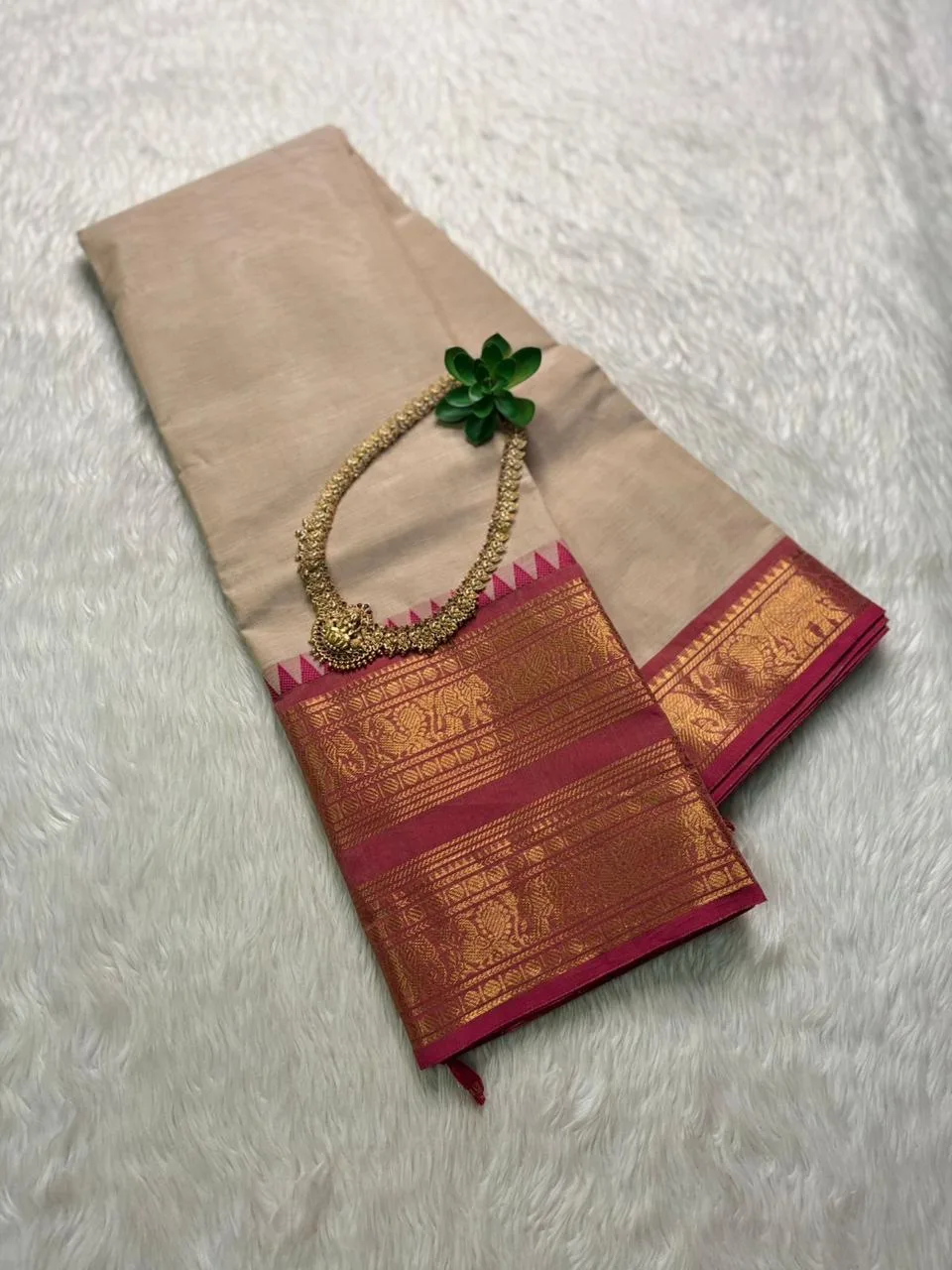 kanchi cotton saree with Running Blouse- Kanchi cotton- Cream