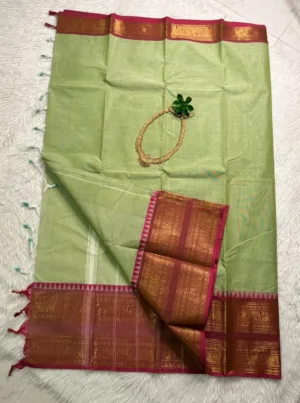 kanchi cotton saree with Running Blouse- Kanchi cotton- Olive green1
