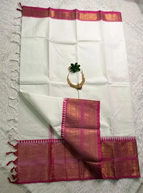 kanchi cotton saree with Running Blouse- Kanchi cotton- White1