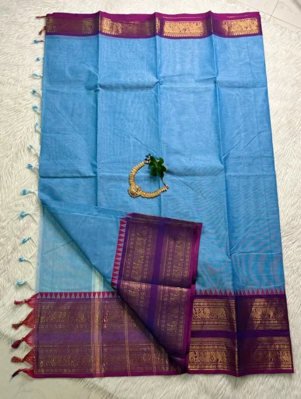 kanchi cotton saree with Running Blouse- Kanchi cotton- Light blue1