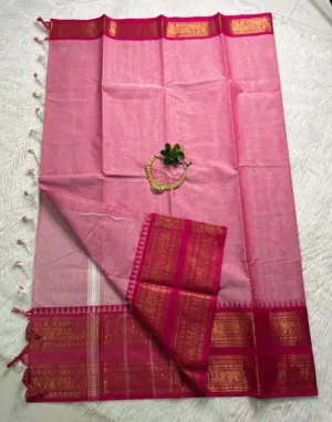 kanchi cotton saree with Running Blouse- Kanchi cotton- Light pink1