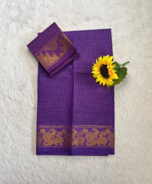 Madurai Sungudi Cotton Self Zari Checked - Lavender - Self Zari Gold