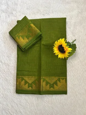 Madurai Sungudi Cotton Self Zari Checked - Mehandi green - Self Zari Gold