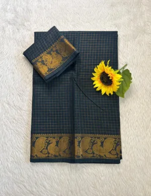 Madurai Sungudi Cotton Self Zari Checked - Bottle Green - Self Zari Gold
