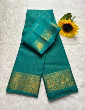 Madurai Sungudi Cotton Self Zari Checked - Silver Green - Self Zari Gold