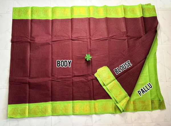 Madurai sungudi Cotton Zari Check Contrast - Brown with Parrot green (Running blouse)1