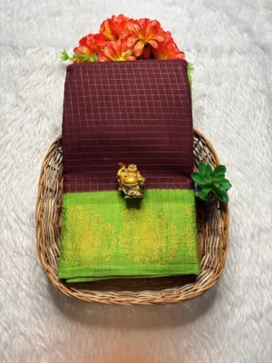 Madurai sungudi Cotton Zari Check Contrast - Brown with Parrot green (Running blouse)