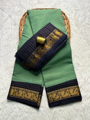 Madurai sungudi cotton Zari Check Contrast - Pista green with black - KRZCS