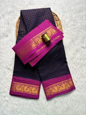 Madurai sungudi cotton Zari Check Contrast - Navy blue with Magenta Pink - KRZCS1